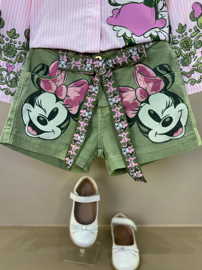 Conjunto Infantil Camisa Listrada Disney Punhos Conceito e Shorts Minnie Mouse Verde Forest - Animê