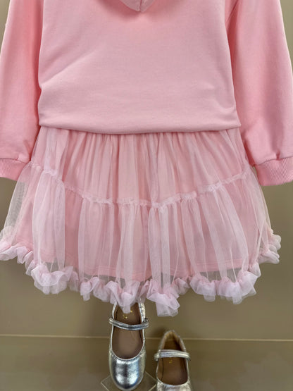 Conjunto Infantil Casaco Minnie Strass Laço e Saia Tule Babado Rosa Soft - Animê Petite