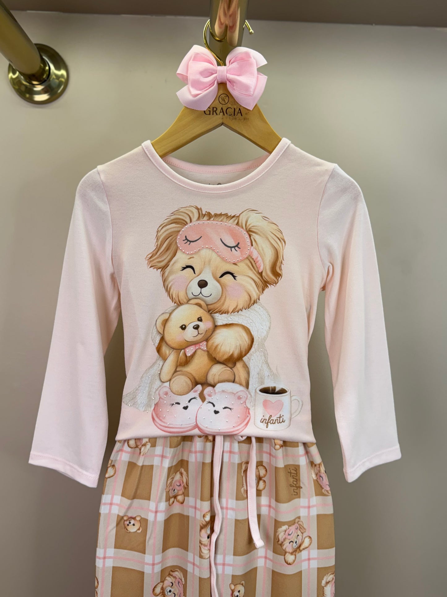 Pijama Infantil Blusa ML Ursinha de Máscara e Calça Estampada Rosa Claro - Infanti