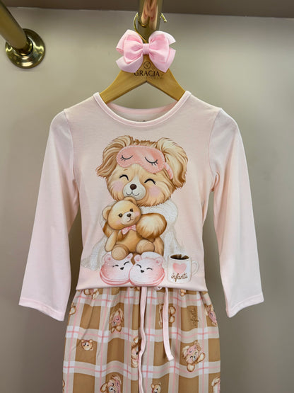 Pijama Infantil Blusa ML Ursinha de Máscara e Calça Estampada Rosa Claro - Infanti