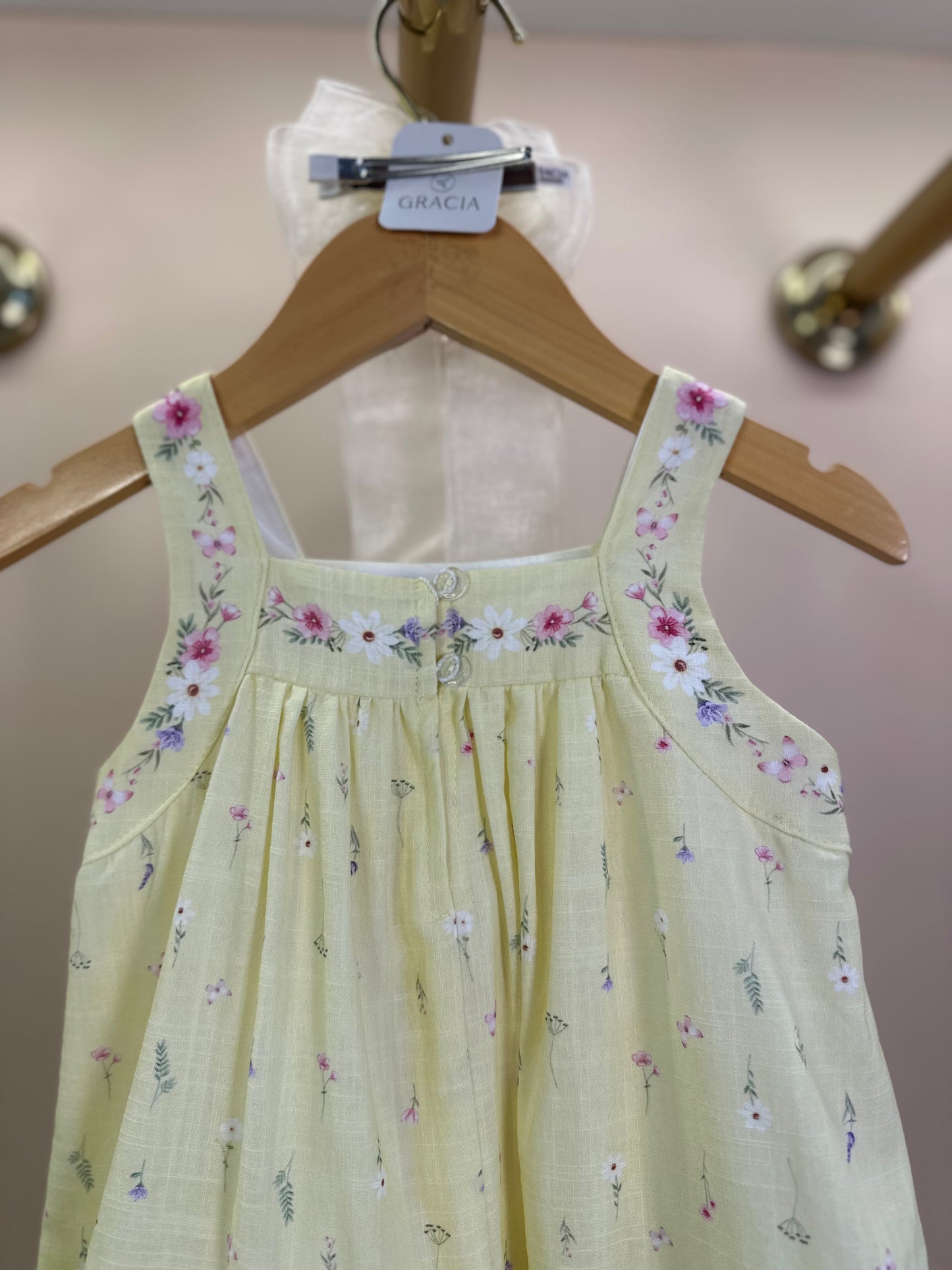 Vestido Infantil Trapézio Algodão Amarelo Estampado Flores - Petit Cherie