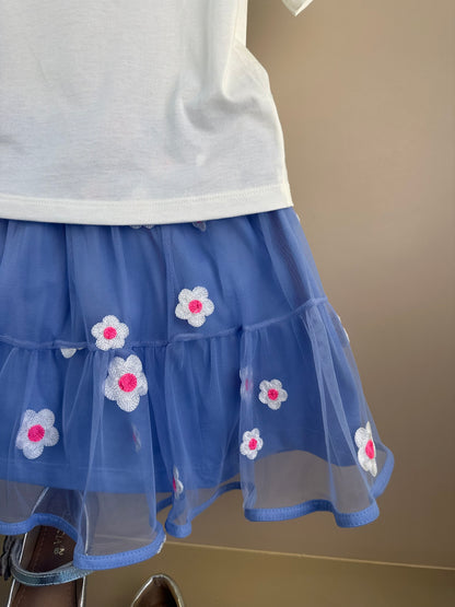 Conjunto Infantil  Blusa Daisy Duck Com Strass Pérola e Saia Tule Bordado Flores Lilás - Momi