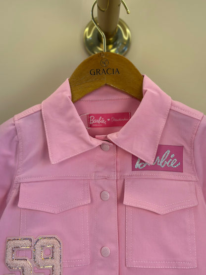 Vestido Infantil Sarja Bolsos Patches Barbie Rosa Romântico - Pituchinhus