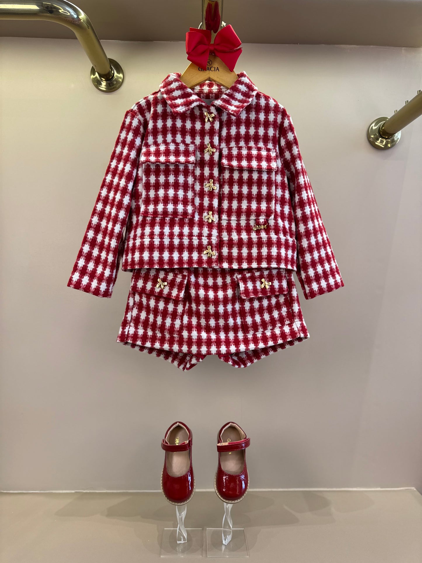 Casaco Infantil Conceito Tweed Xadrez Vermelho - Animê