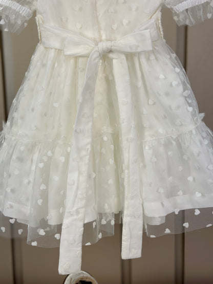 Vestido Infantil Super Luxo Tule Poás Marfim Gola, Busto e Mangas Rendadas e Bordados - Roana