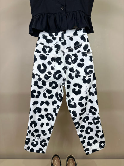 Conjunto Infantil Blusa Peplum Lacinho e Calça Sarja Animal Print P&B - Luluzinha