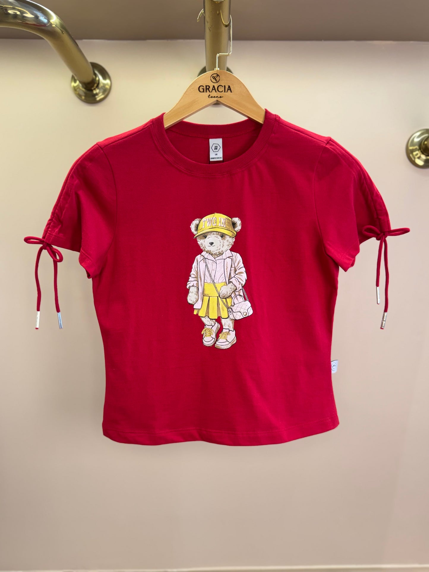 Camiseta Teen Baby Look Ursinho Amarração Mangas Vermelha - Two In