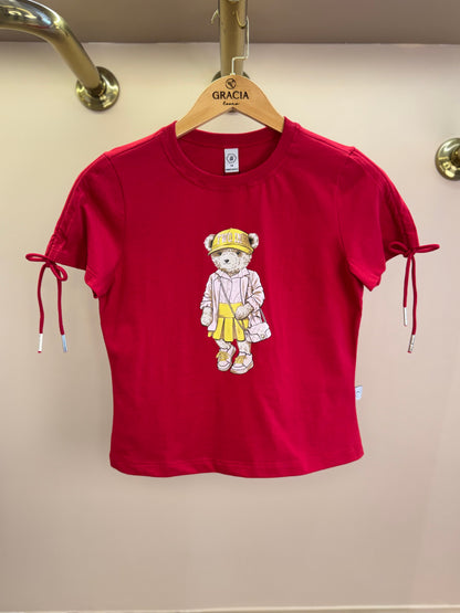 Camiseta Teen Baby Look Ursinho Amarração Mangas Vermelha - Two In