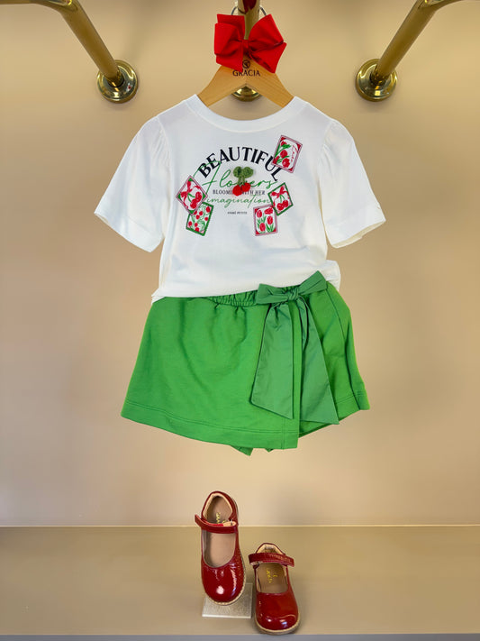 Conjunto Infantil Blusa Cereja Short Saia Verde - Animê
