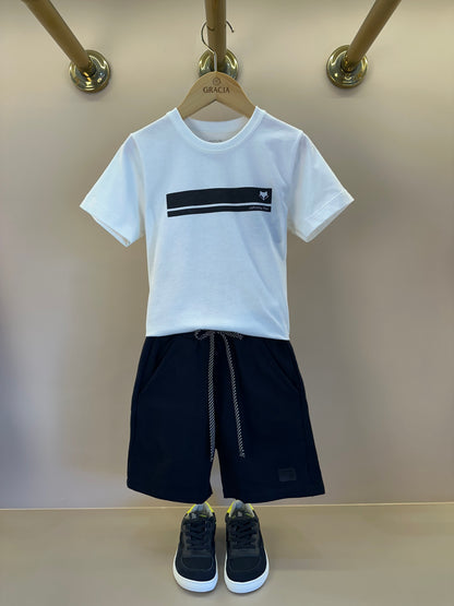 Conjunto Infantil Camiseta Listrada Preta e Bermuda Total Black - Little Johnny