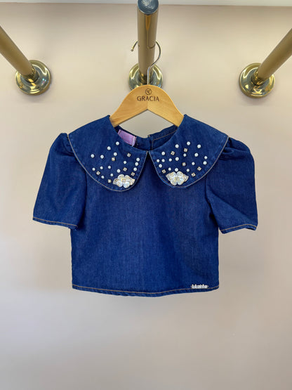 Conjunto Infantil Blusa Jeans Bordada Flores e Short Jeans Branco - Luluzinha