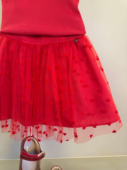 Conjunto Infantil Regata Laço Lateral e Saia Em Tule Flocado Vermelho - Mon Sucre