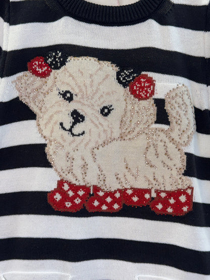 Vestido Infantil Tricot Listrado Cachorrinho Cristais - Pituchinhus