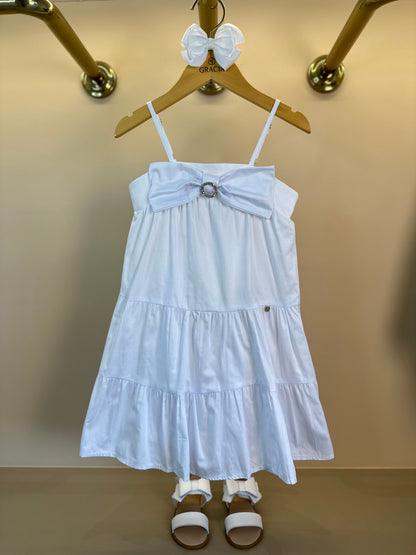 Vestido Infantil Algodão Laço Fivela Strass Branco - Petit Cherie