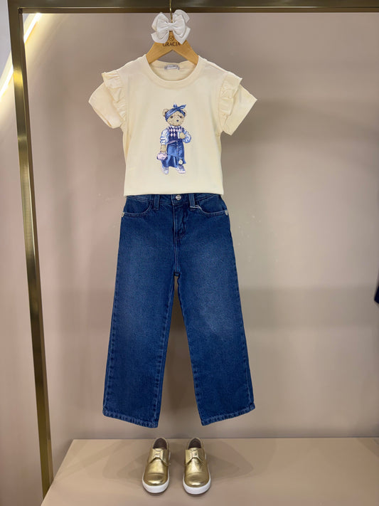 Conjunto Infantil Blusa Ursa de Lenço e Calça Jeans Wide Leg - Um Mais Um