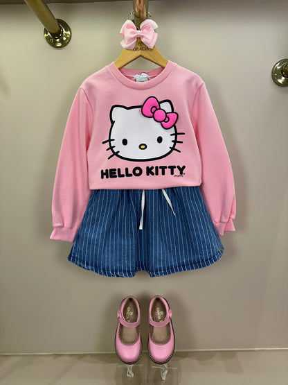 Conjunto Infantil Feminino Conjunto Infantil Casaco Moletom Hello Kitty Rosa Blossom com Saia Jeans Listrada Cós Duplo Branco - Momi