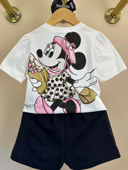 Conjunto Infantil T-Shirt Minnie Mouse Pingente e Shorts Saia Preto Laço Poá - Animê