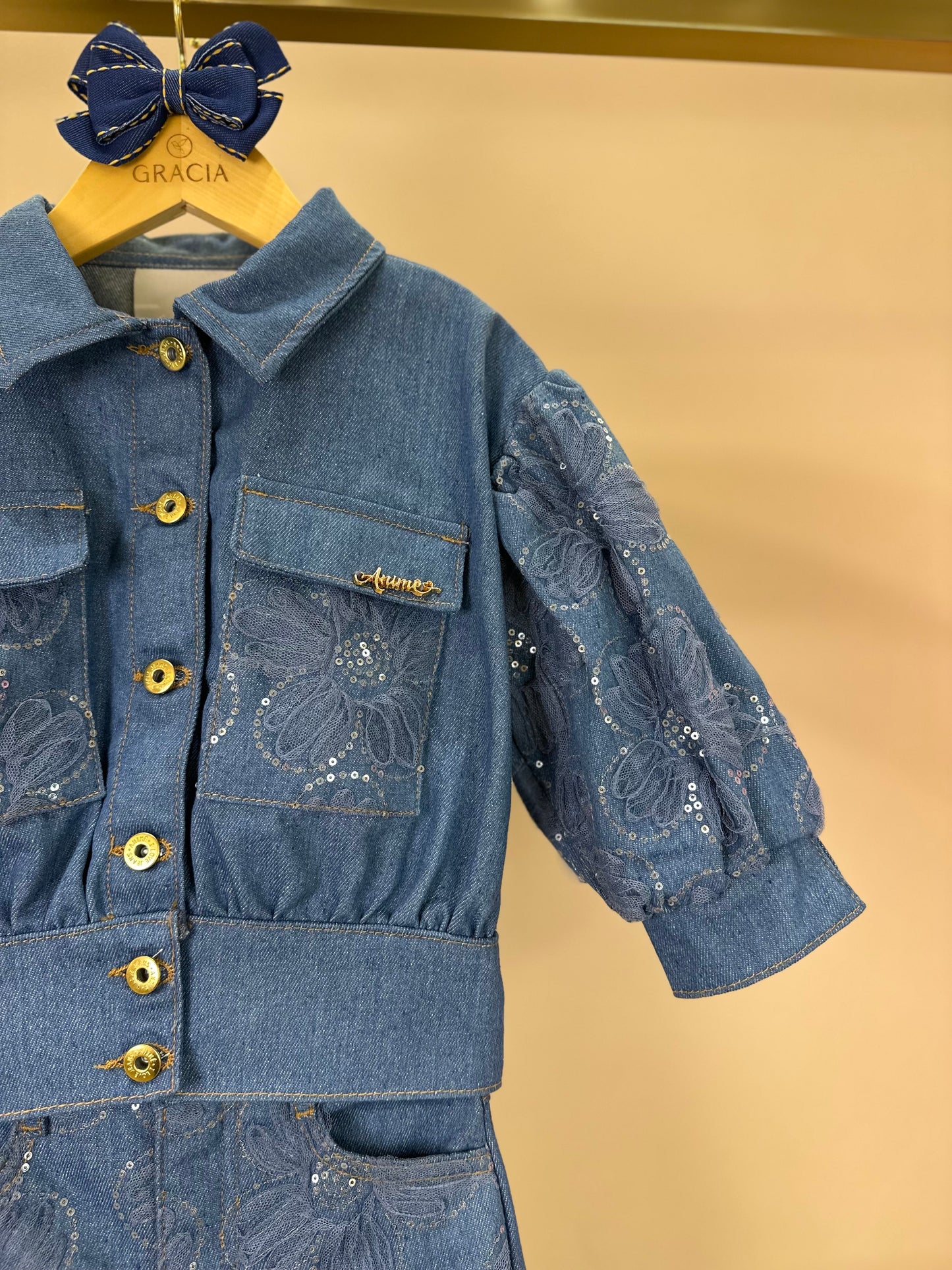 Conjunto Infantil Jaqueta e Calça Jeans Bordada Tule Flores - Animê