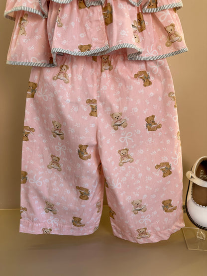 Conjunto Infantil Blusa Algodão Estampa Ursinhos Com Babados Lacinhos e Calça Pantacourt  - Pituchinhus