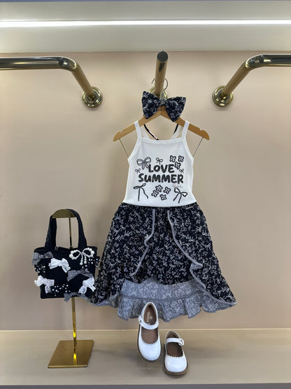 Conjunto Infantil  Blusa Love Summer Cristal e Saia-Shorts Mullet Laços e Flores - Pituchinhus