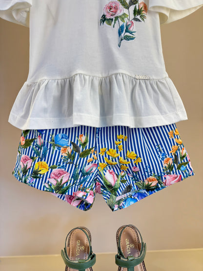 Conjunto Infantil Blusa Off White Flores Bordadas e Short Listrado Flores - Luluzinha