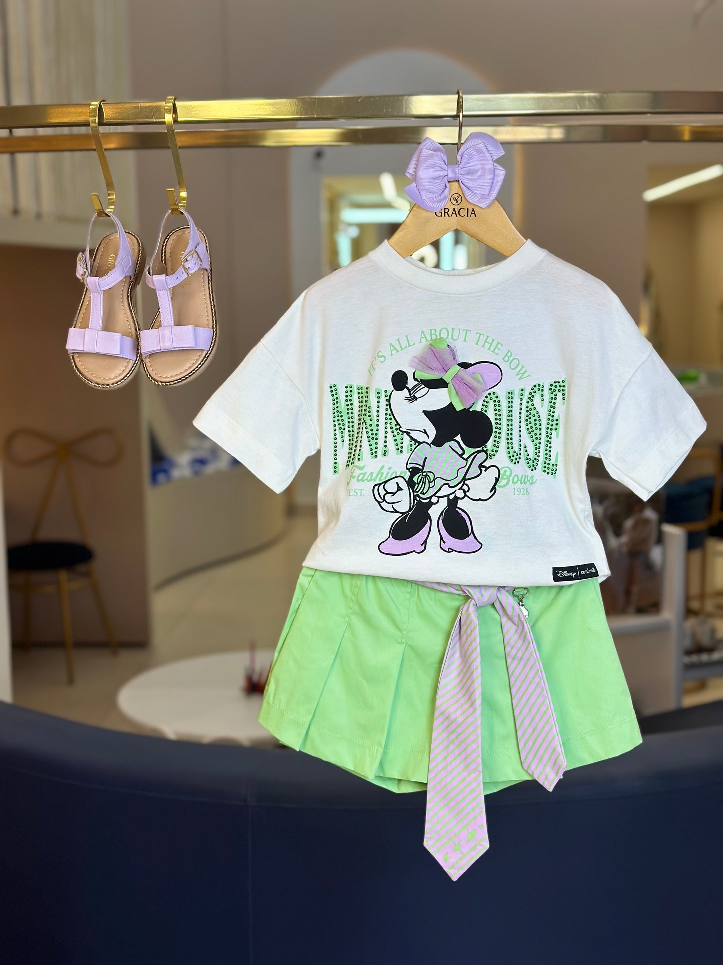 Conjunto Infantil Blusa Minnie Laço e Shorts-saia Pregas Pistache - Animê