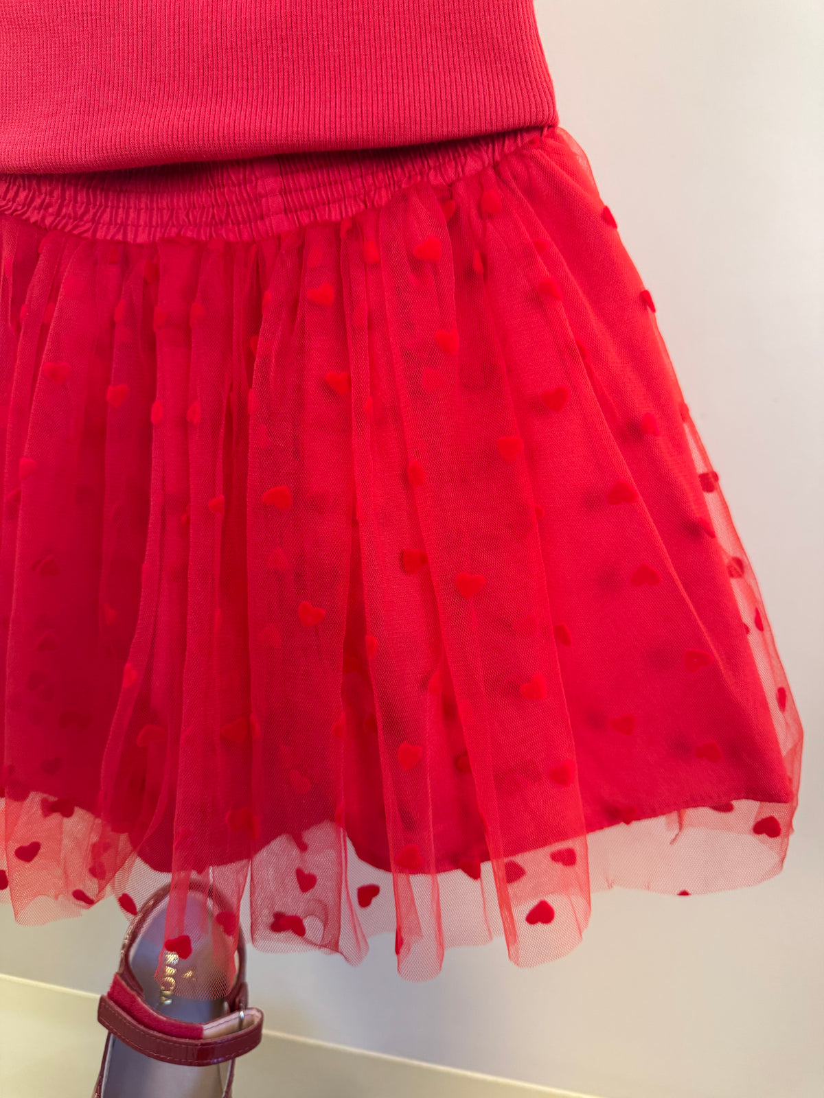 Conjunto Infantil Regata Laço Lateral e Saia Em Tule Flocado Vermelho - Mon Sucre