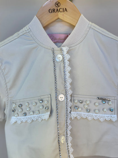 Jaquetinha Manga Curta Infantil Bordados Pérolas e Cristais - Pituchinhus
