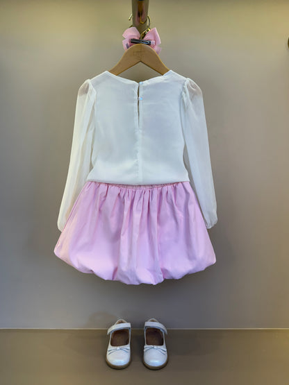 Conjunto Infantil Saia Balonê Rosa Com Lacinhos E Blusa Off Ursinho - Gabriela Aquarela