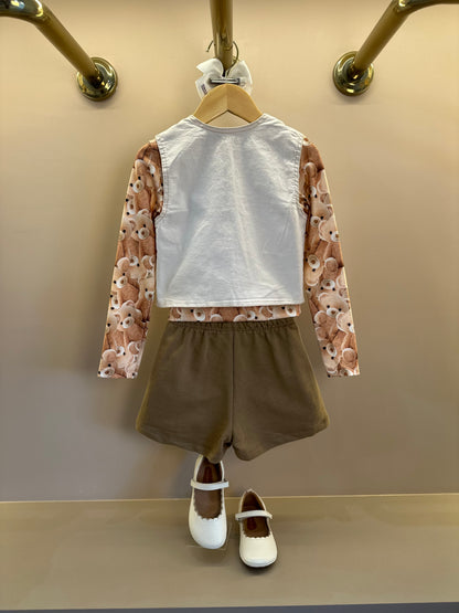 Conjunto Infantil Trio Blusa Ursinhos, Colete Sarja com Elastano e Shorts em Moletom s/ Pelúcia - Infanti