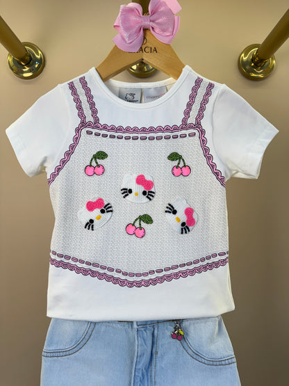 Conjunto Infantil Blusa Hello Kitty Bordado e Shorts Jeans Com Pingente - Momi