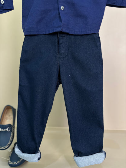 Conjunto Infantil Camisa de linho marinho e Calça social skinny de sarja - Dame