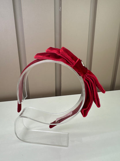 Arquinho Infantil Laço Triplo Veludo Vermelho - Pituchinhus