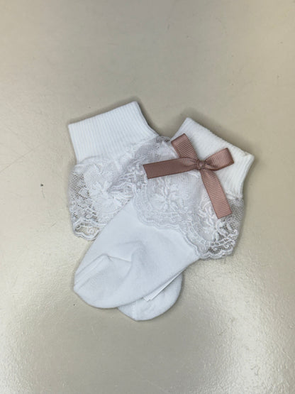 Meia Infantil Clássica Renda Lacinho Rosa Seco - Roana