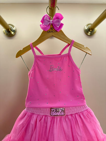 Conjunto Infantil Blusa Light Cristais Barbie e Saia Babados Patche Barbie Rosa Ópera - Pituchinhus