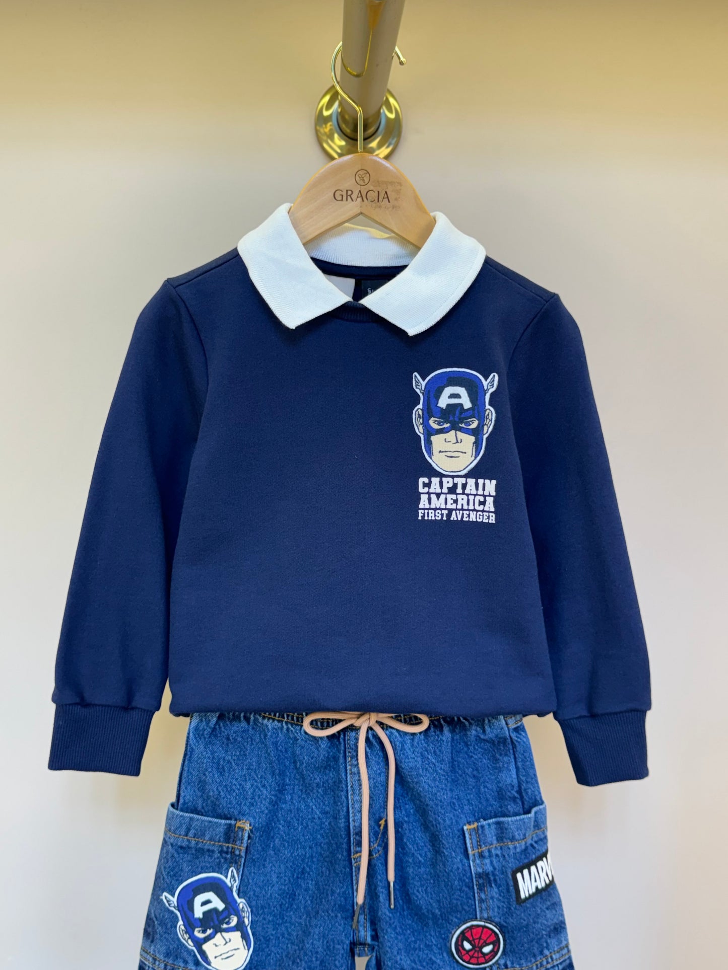 Conjunto Infantil Casaco Gola Polo e Bermuda Jeans Patchs Marvel - Youccie