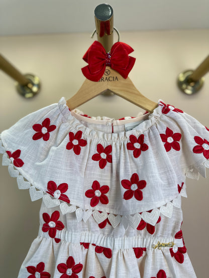 Vestido Infantil Flores Vermelhas Bordadas - Animê