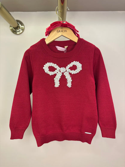 Conjunto Infantil Blusa Tricot Laço Bordado Pérolas E Cristais Bala de Cereja e Saia-shorts Mini Flores Babados e Laços