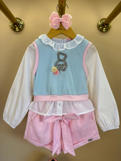 Conjunto Infantil Blusa ML com Tricot Azul Ursinho Cristal e Shorst Rosa - Gabriela Aquarela