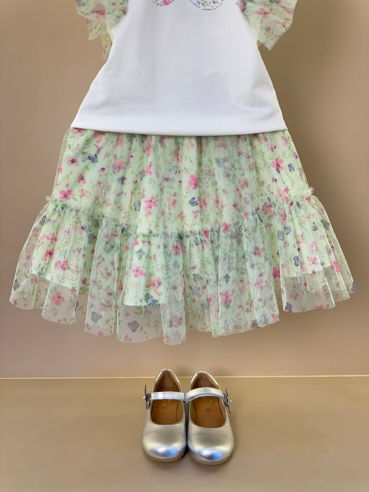 Conjunto Infantil Blusa Babados Tule e Saia Estampa Borboletinhas - Petit Cherie