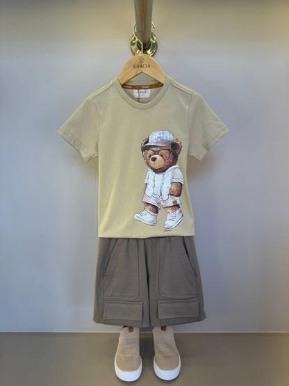 Conjunto Infantil Camiseta Algodão Teddy Summer Bege e Bermuda Suedine Elastano Bolsos - Dame