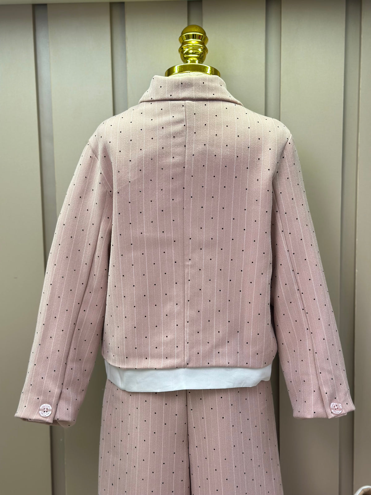 Conjunto Infantil Trio Blusa Lacinho, Casaqueto e Calça Alfaiataria Listrada Strass Rosé - Petit Cherie