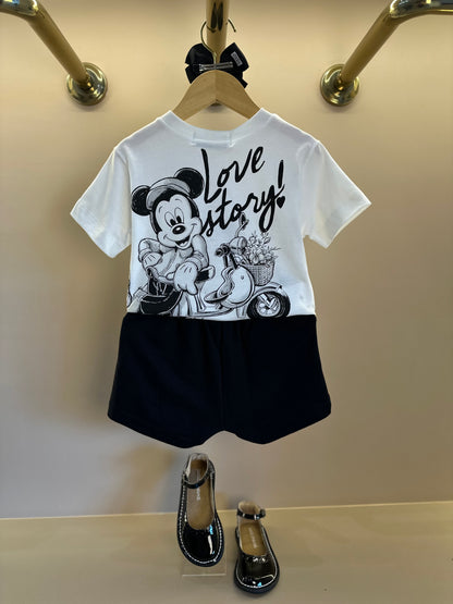 Conjunto Infantil Blusa Minnie Buquê & Mickey Pérola e Shorts Conceito Tweed Preto - Animê