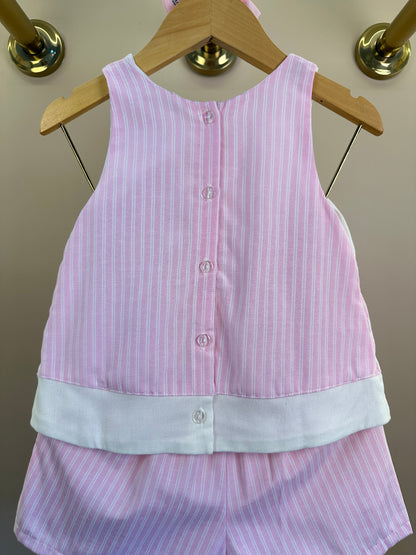 Conjunto Infantil Blusa Laço Pérolas e Shorts Saia Rosa Listrado - Petit Cherie