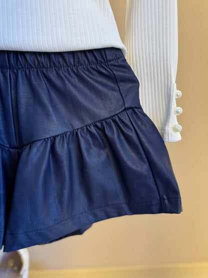 Conjunto Infantil Blusa ML Laço Bordado e Shorts Evasê Couro Tech Marinho - Beabá