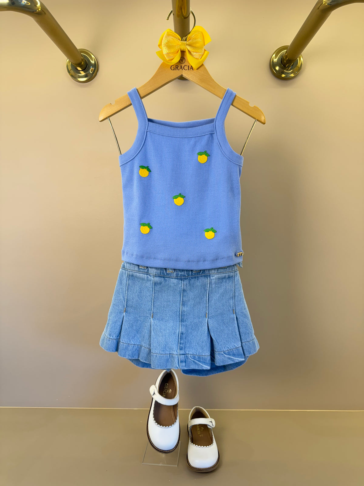Conjunto Infantil Regata Lilás Estampa Limões e Shorts Saia Jeans Com Pregas - Momi