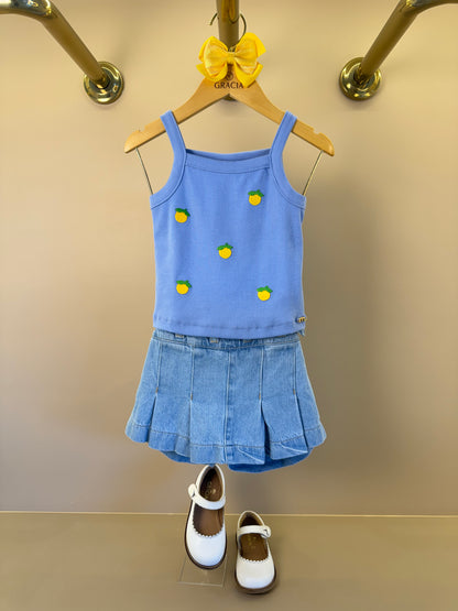 Conjunto Infantil Regata Lilás Estampa Limões e Shorts Saia Jeans Com Pregas - Momi