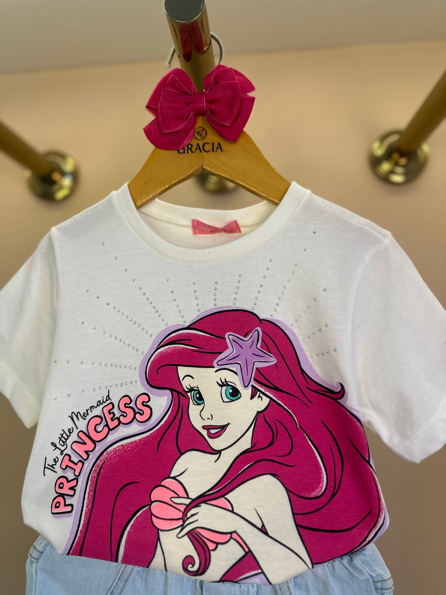 Conjunto Infantil Blusa Ariel Strass e Shorts Jeans Calda Paetês - Momi