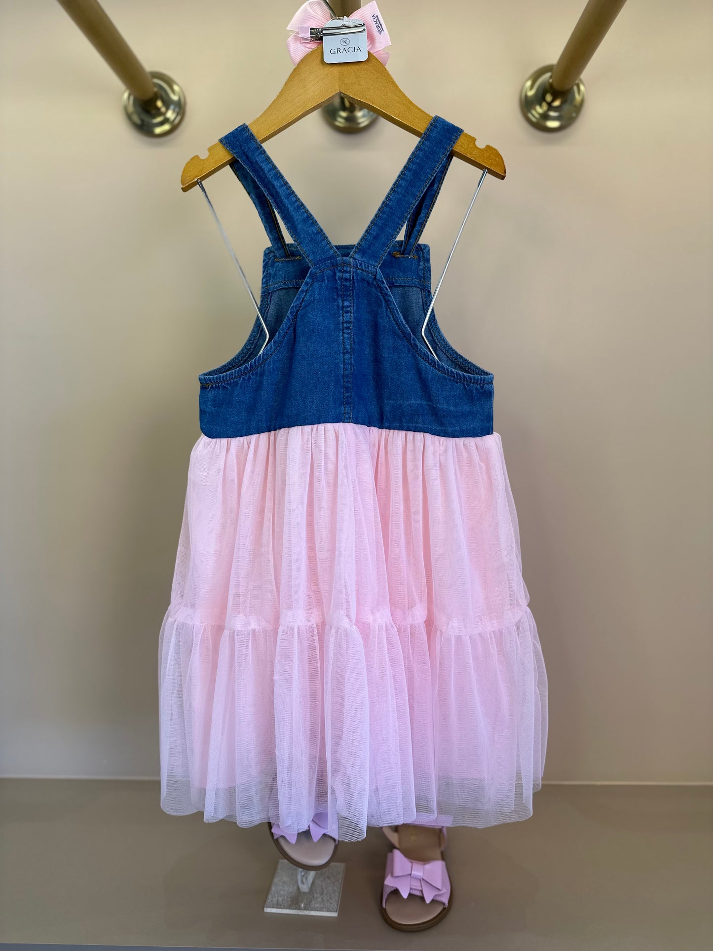 Vestido Infantil Jeans com Tule Rosa Hello Kitty - Momi