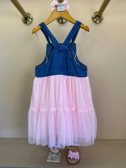 Vestido Infantil Jeans com Tule Rosa Hello Kitty - Momi